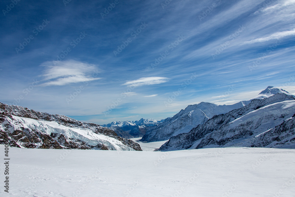 Panoramic view of the Great Aletsch Glacier, Switzerland.