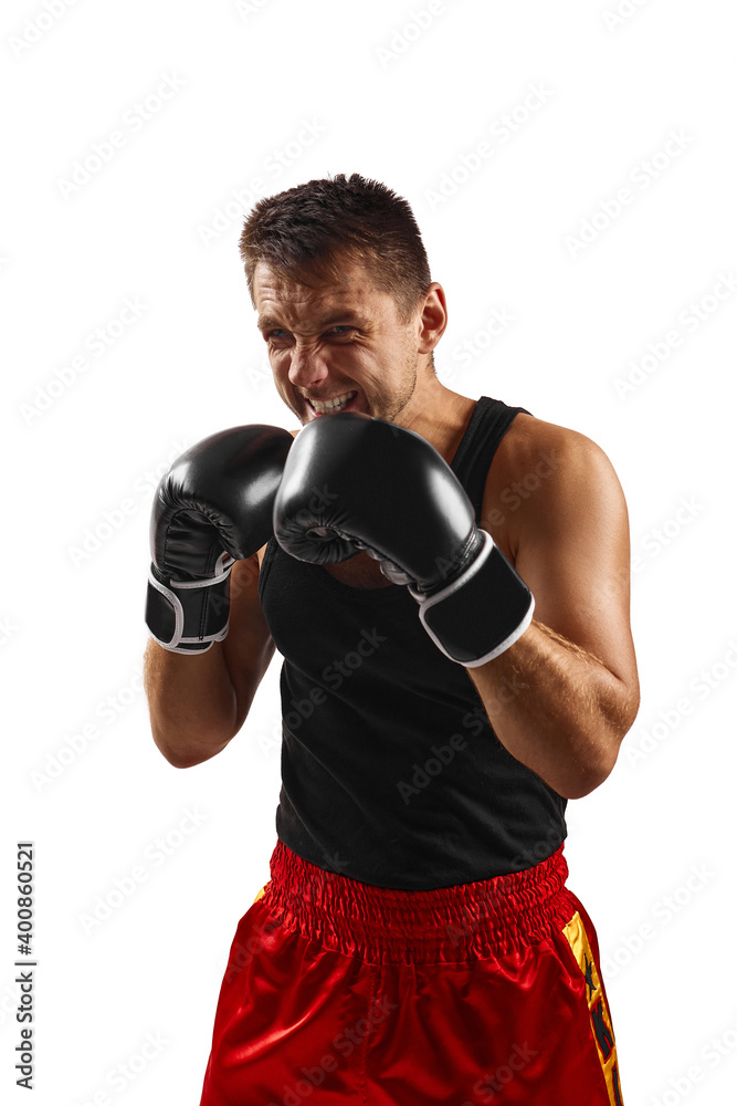 sporty man in black boxing gloves punching isolated on white background.