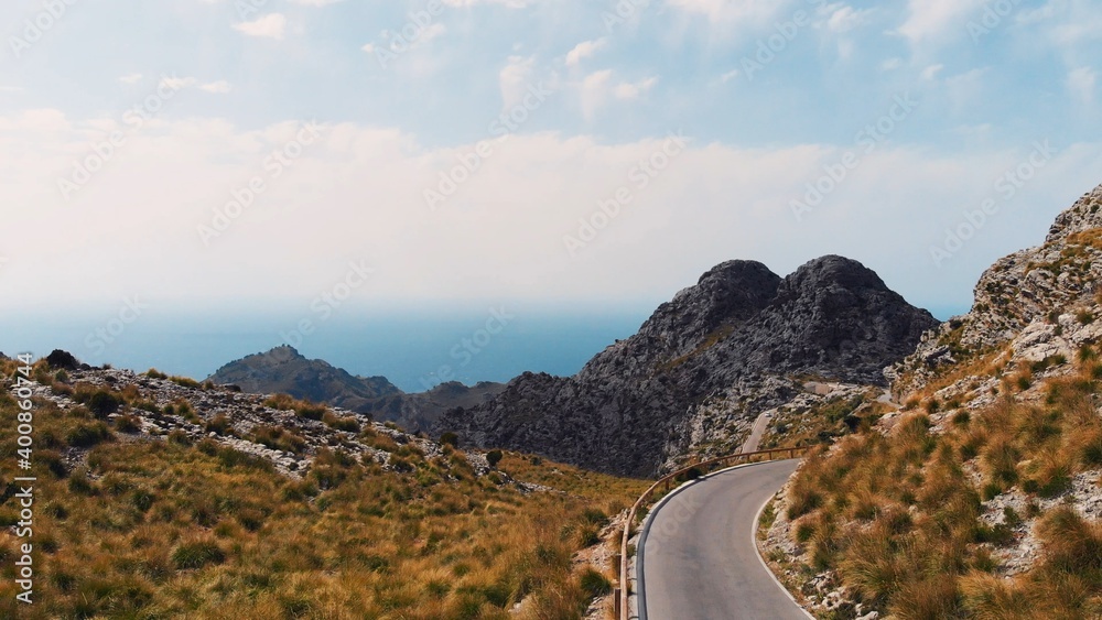 aerial view of The Knotted tie - nudo de corbata, mountain road leading to  Cap De Formentor On Mallorca, Beleric islands, Spain. High quality photo  Stock Photo | Adobe Stock