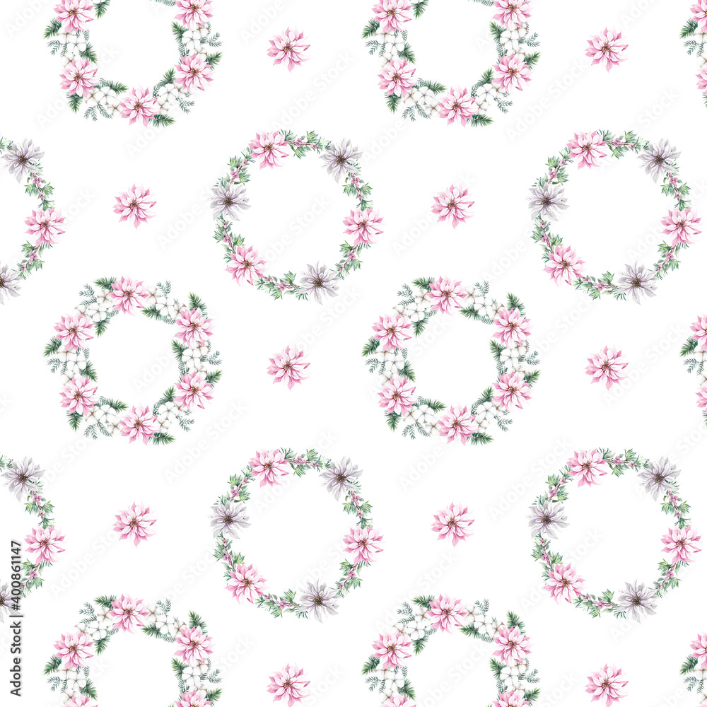 Watercolor seamless pattern with wreaths of flowers for Christmas on a white background.