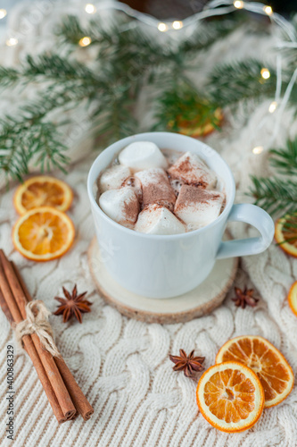 Christmas home decor. Cocoa with marshmallows.