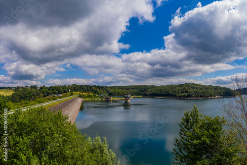 Panoramic view of the Great Dhünn dam. Germany, Drone photography.
