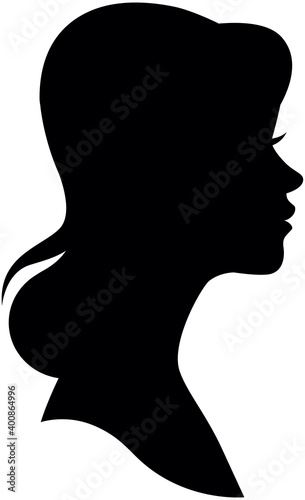 Vector female portrait. Silhouette head in profile. Black isolated image on white background