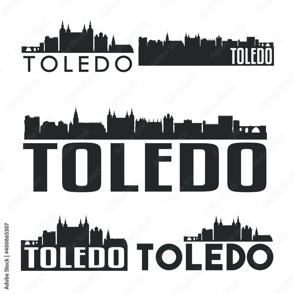Toledo Spain Flat Icon Skyline Vector Silhouette Design Set Logo Clip Art Illustration.