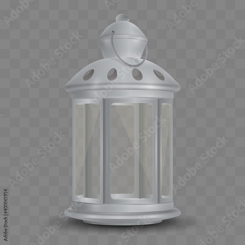 White Christmas latern, lamp for tealight with glass on transparent background. Look like 3d rendering. Happy New Year illustration for greeting card, banner, decor, design, party. 