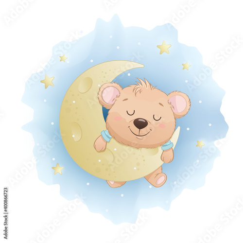 Cute little bear sleeping on the Moon