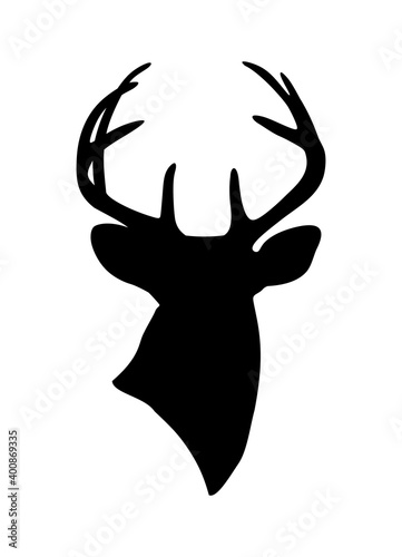 Vector black deer stag reindeer buck head with antlers.Outline silhouette stencil drawing illustration isolated on white background .Sticker.T shirt print.Plotter Cutting. Laser cut. Christmas decor.