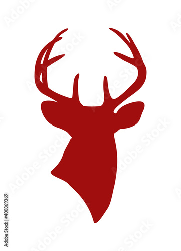 Vector red buck deer stag reindeer head with antlers.Outline silhouette stencil drawing illustration isolated on white background .Sticker.T shirt print.Plotter Cutting. Laser cut. Christmas decor.