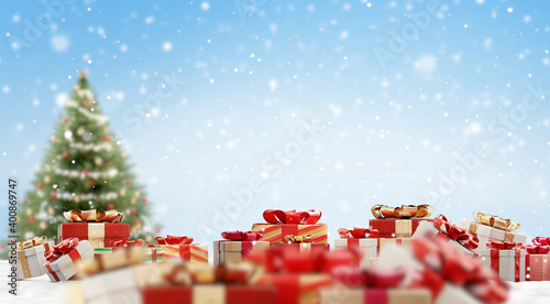 christmas gifts on snow and...