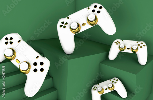 White and gold colored DualShock 4 controllers photo