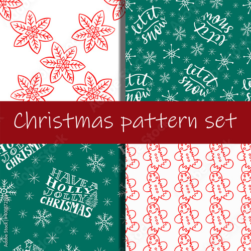 Christmas doodle seamless pattern set of 4, winter holidays season white and green backgrounds vector for cards, banners, wrapping paper, posters, scrapbooking, pillow, cups and fabric design. 