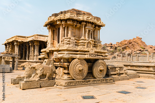 India, Karnataka, Hampi, Stone chariot at temple of Vijaya Vittala complex in desert valley of Hampi photo