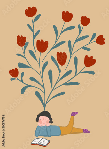 Clip art of blooming tulips representing imagination of girl reading book