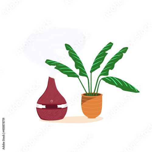 Flat vector illustration of an air humidifier with indoor plants. Equipment for the home or office. Device for cleaning and humidifying air on a white background