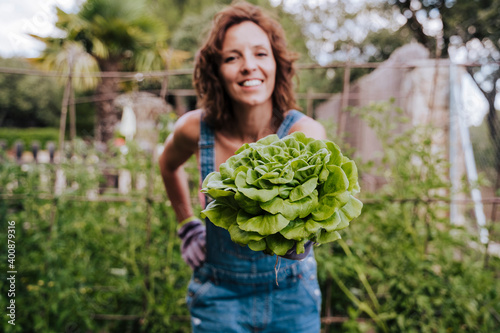Smiling mid adult woman holding lettuce while standing in vegetable garden photo