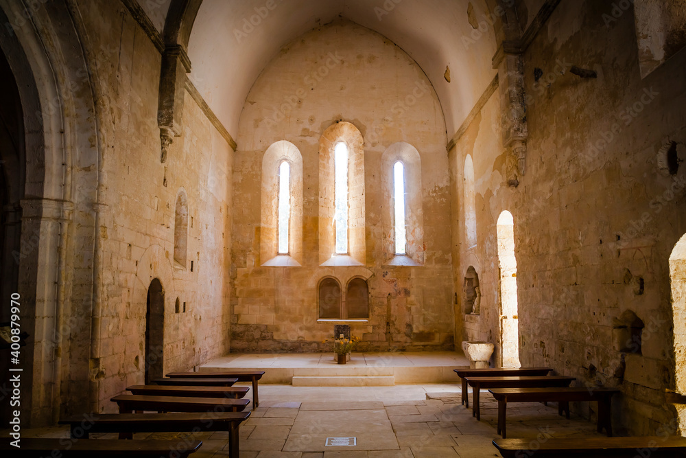 Inside the old abbey of Abbaye de Saint-Hilaire in Provence, France