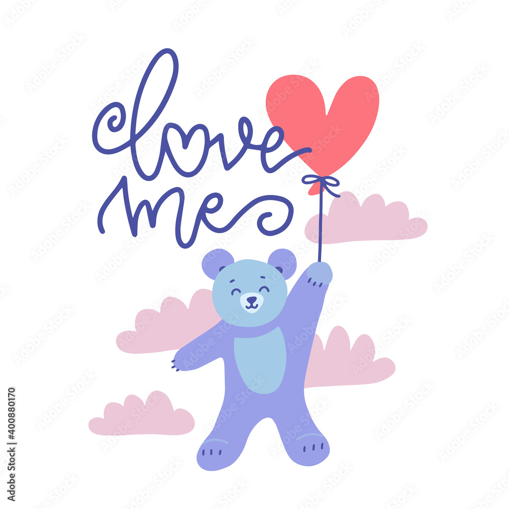 Cute Valentine Teddy Bear With Red Heart Balloon flying in cloudy sky. Vector flat hand drawn illustration with lettering text - Love me. Cute Valentine Teddy Bear With Red Heart Balloon flying in cloudy sky. Vector flat hand drawn illustration with lettering text - Love me.