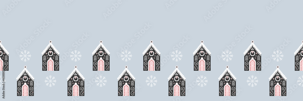 Light blue vector illustration. Hand drawn gingerbread houses and snowflakes horizontal seamless pattern border background.
