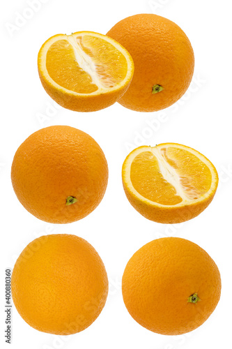Set of orange fruit. Whole  half and sliced orange isolated on white background.