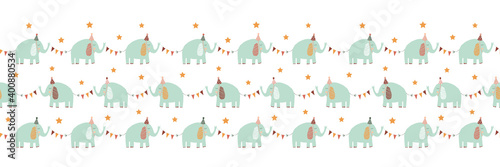 Elephants parading with party flag garlands horizontal border. Illustration, vector file.