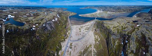 Russia, Murmansk region,¬†Kolsky¬†District, Teriberka, Sea coast and roads, aerial view photo