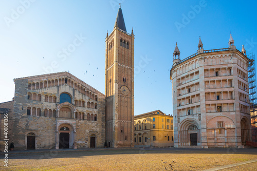 Italy, Province of Parma, Parma, Clear sky over Parma Cathedral and Baptistery
