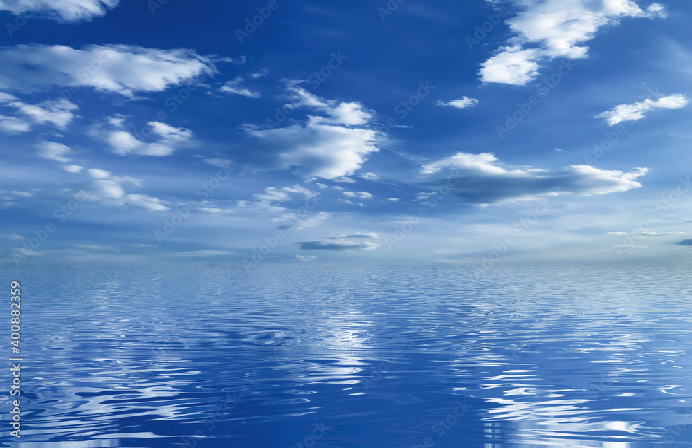 Obraz premium Daytime blue sky, horizon, sunlight reflected in water, clouds, waves. Empty sea landscape, natural scene.