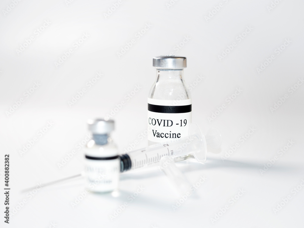 Medical plastic syringe in water color with glass vial with coronavirus vaccine COVID-19 isolated in white background. Vaccination concept. 