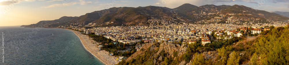Western Alanya, Tyrkey panorama in high resolution observed from a Fortress of Alanya with famous Cleopatra beach on a shore.