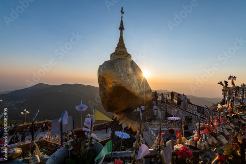 Myanmar, Mon state, Kyaiktiyo Pagoda, Golden rock at sunset photo