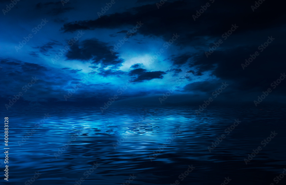 Night sky, horizon at sunset, moonlight, clouds, waves reflected in water. Empty sea landscape, natural scene. Night view. - obrazy, fototapety, plakaty 