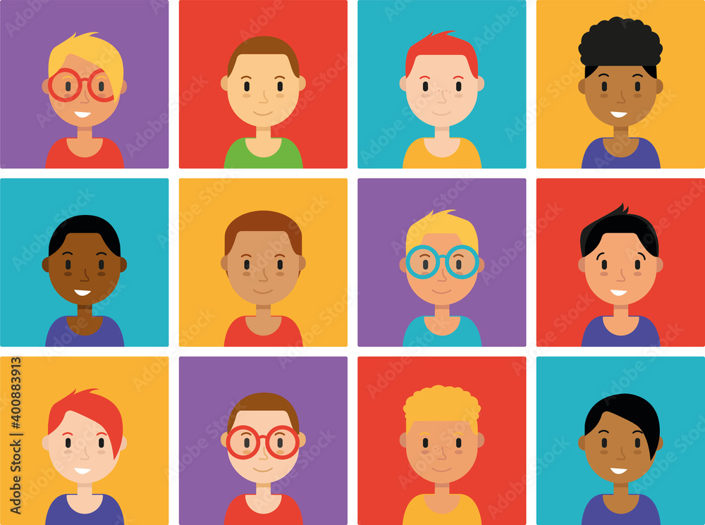 Hand drawn flat style illustrations design concept. Man, male, kids characters portrait avatar cartoon vector set colorful squares people icons. Hand drawn flat style illustrations design concept. Man, male, kids characters portrait avatar cartoon vector set colorful squares people icons.