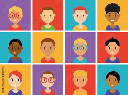 Hand drawn flat style illustrations design concept. Man, male, kids characters portrait avatar cartoon vector set colorful squares people icons.