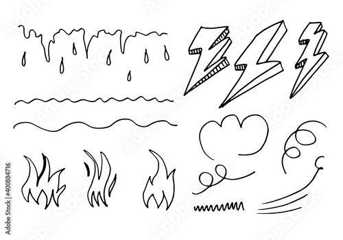 Set of hand drawn doodle thunderbolts,fire and water. Vector design elements isolated on a white background
