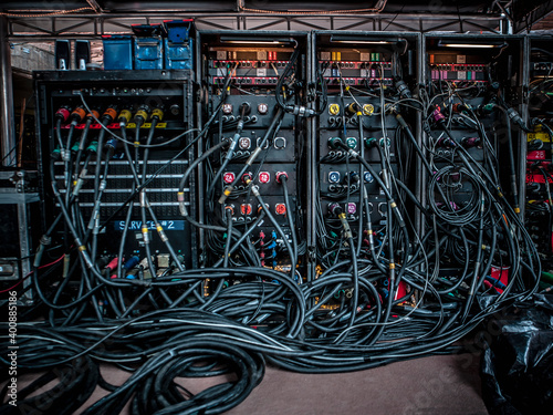 Rear view of amplifiers and cables