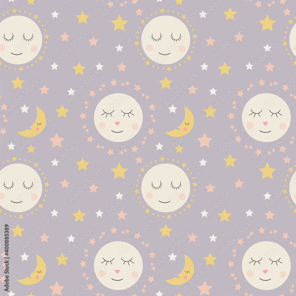 Seamless pattern of cute sleepy moons and stars on a lavender background