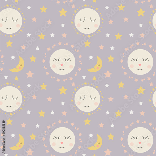 Seamless pattern of cute sleepy moons and stars on a lavender background