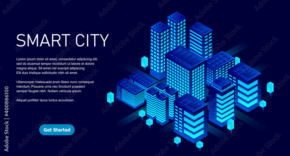 Smart city in a futuristic style. Isometric smart city illustration. Intelligent buildings. Business center with skyscrapers and intelligent buildings Smart city in a futuristic style. Isometric smart city illustration. Intelligent buildings. Business center with skyscrapers and intelligent buildings