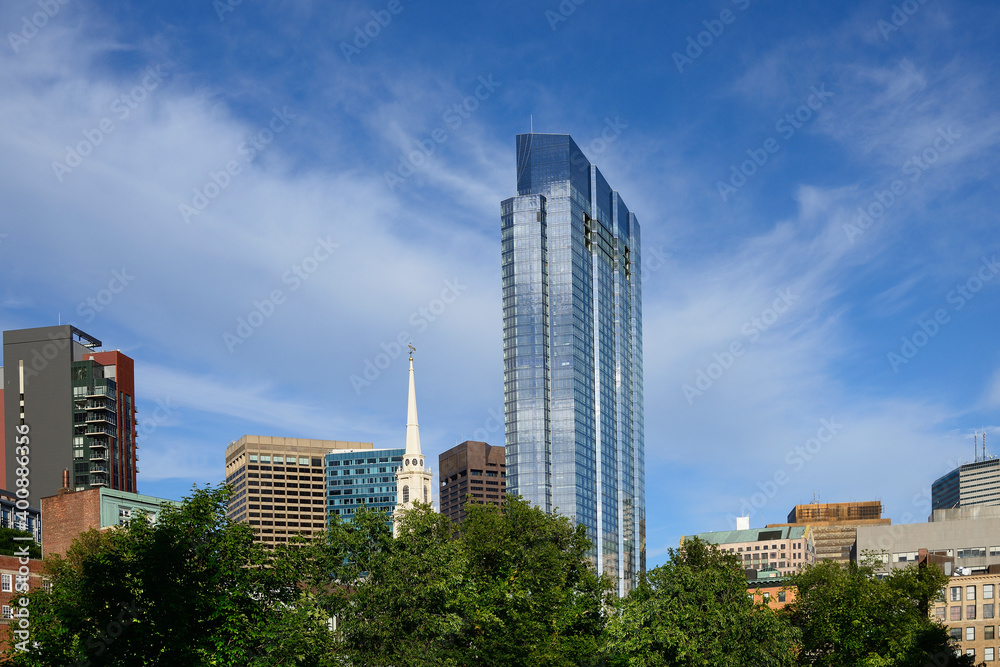 Massachusetts, Boston, Millennium Tower against blue sky Massachusetts, Boston, Millennium Tower against blue sky