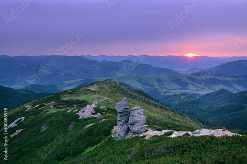 Ukraine, Ivano-Frankivsk region, Verkhovyna district, Carpathians, Chernohora, Mountain landscape at sunset photo