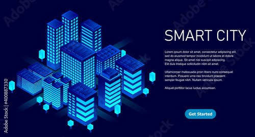 Smart city in a futuristic style. Isometric smart city illustration. Intelligent buildings. Business center with skyscrapers and intelligent buildings