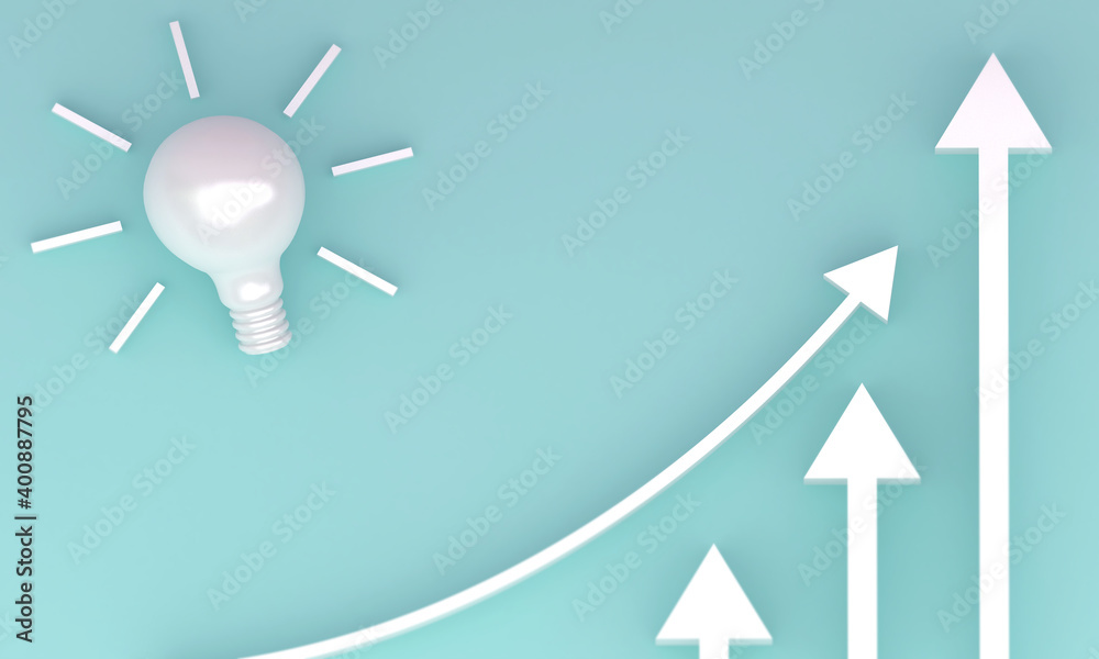 arrow and light bulb on blue background. 3d render illustration. arrow and light bulb on blue background. 3d render illustration.