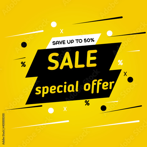 Design of square vector banner with rounded corners on the leg for mega big sales. Yellow tag templates with special offers for purchase, strokes and elements.