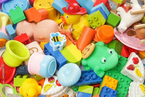 Pile of various colorful children's toys. 