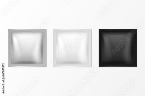 Vector 3d Realistic Foil, White, Black Square Blank Packaging Icon Set Closeup Isolated. Coffee, Tea, Salt, Sugar, Spices, Wet Wipes Wrapper, Sachet. Design Template of Packing for Mockup. Top View