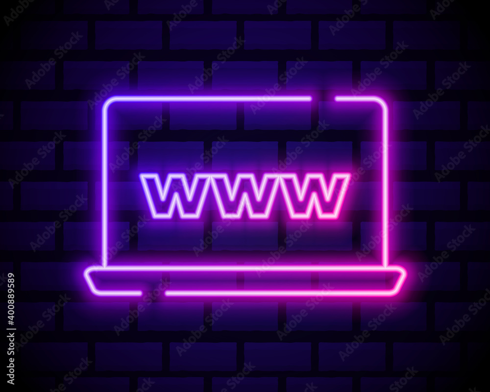 Laptop or notebook computer icon. Colour neon style on dark brick wall background. Light icon Laptop or notebook computer icon. Colour neon style on dark brick wall background. Light icon