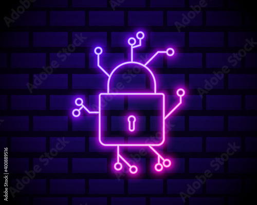 Cyber Security icon with padlock icon, data protection concept . VPN glowing icon. Isolated on dark brick wall background