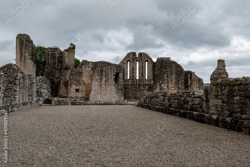 Stony courtyard in ruins of Kildrummy Castle in Aberdeenshire, Scotland photo