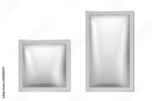 Vector 3d Realistic Square, Rectangular Long Foil, Silver, Gray Blank Packaging Set Isolated. Drugs, Coffee, Salt, Sugar, Pepper, Spices, Sachet, Condom Wrapper. Design Template, Mockup. Top View