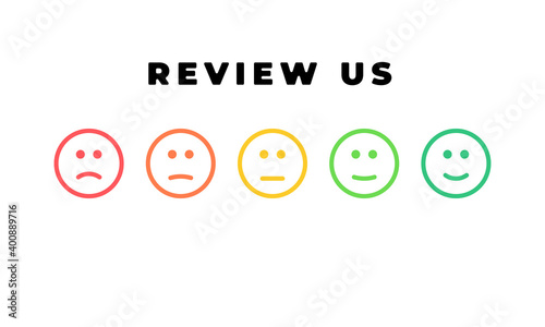 Iconic illustration of satisfaction level. Range to assess the emotions of your content. Feedback in form of emotions. User experience. Customer feedback. Excellent, good, normal, bad, awful.